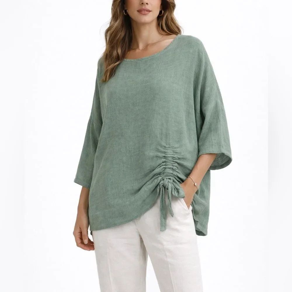 Made in Italy Sage Green Linen Cotton Ruched Drawstring Top One Size